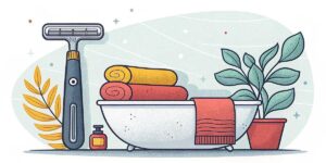 shaving source Illustration of a bathtub with towels, a razor, a small bottle, and potted plants arranged around it.
