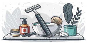 shaving source A collection of grooming items including a razor, shaving brush, bowl, cream jars, pump bottle, and a potted plant arranged on a wooden tray.