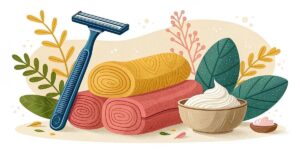 shaving source Illustration of a razor, three rolled towels, a bowl of shaving cream, and decorative leaves and plants in the background.